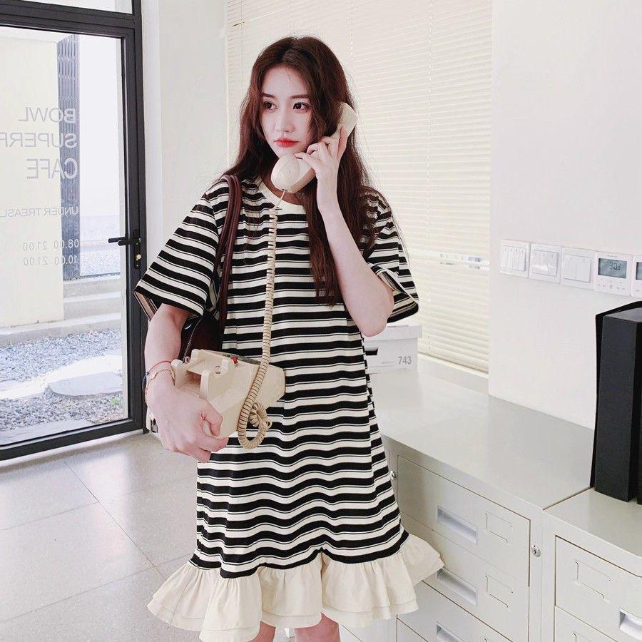 2026 Korean Style Women s Striped Ruffle T-Shirt Dress - Sweet, Petite, Age-Reducing Summer Fashion Medium черных полос