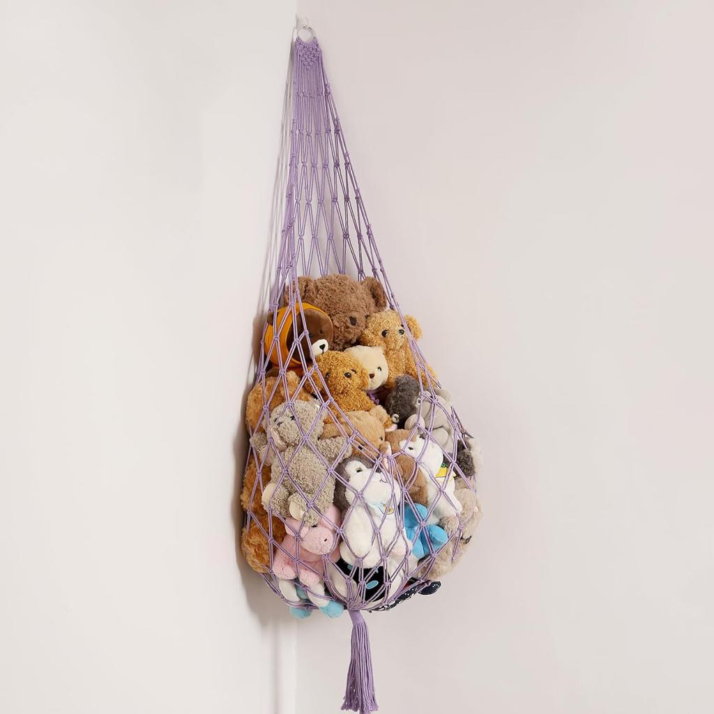 Stuffed Animal Storage Macrame Hammock, Large - Boho Room Decor Toy Storage Corner Hanging Plushie Stuffed Animal Net Organizer