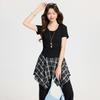 Black Korean U-neck Front Shoulder Basic Pinch Pleated Waist Short-sleeved T-shirt Women's Spring and Summer Versatile Slim-fitting Top