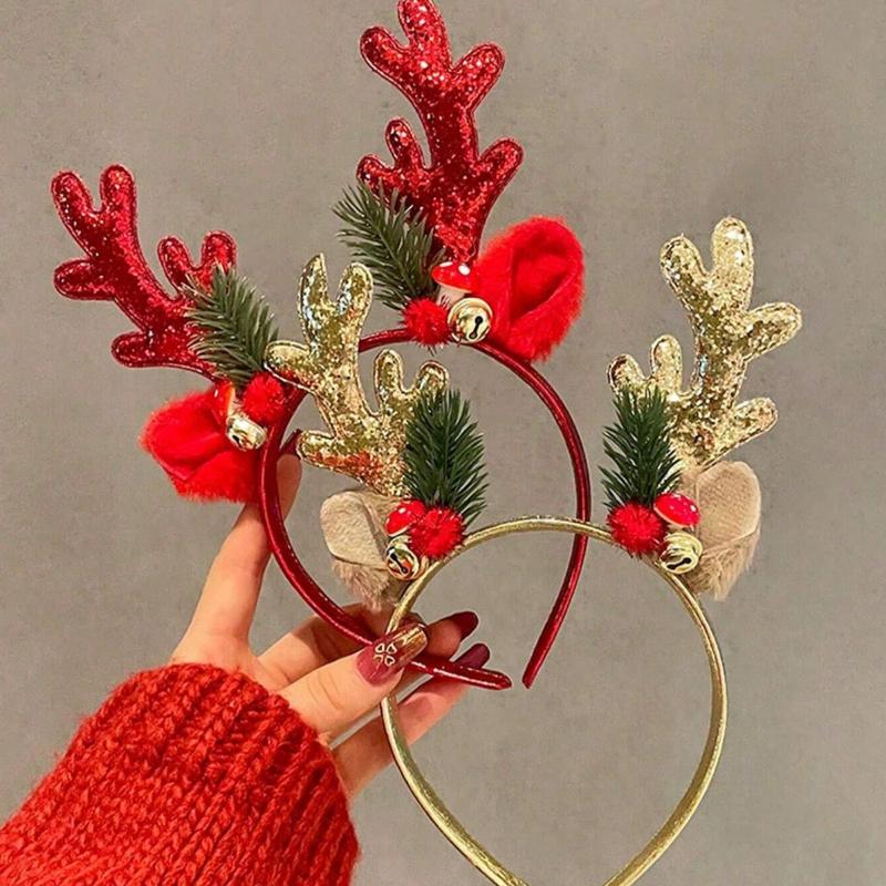 1pc Women Cute Deer Antler Headband, Polyester Christmas Party Hair Accessories Hair Hoop ,Christmas Decorations Home Holiday Essential