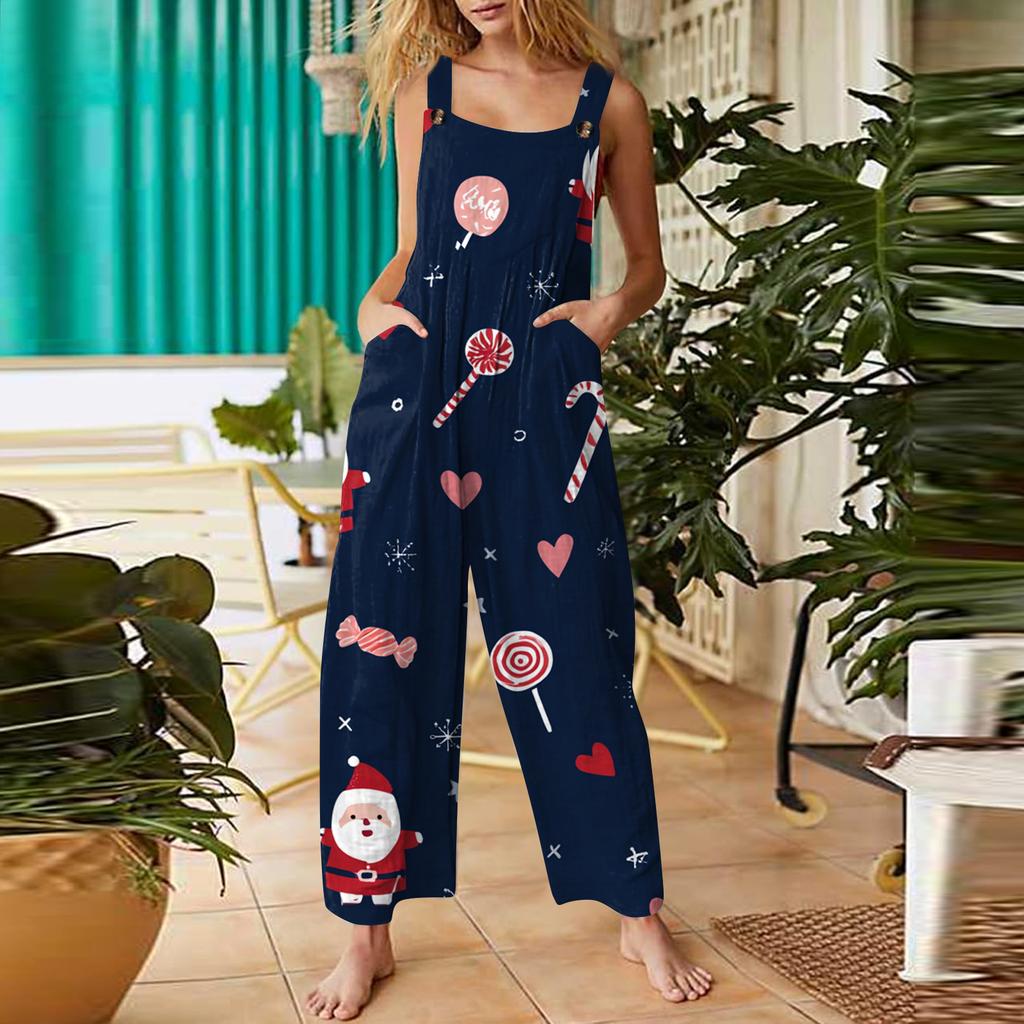 Women's Casual Jumpsuit Sleeveless Christmas Printed Cotton Jumpsuit