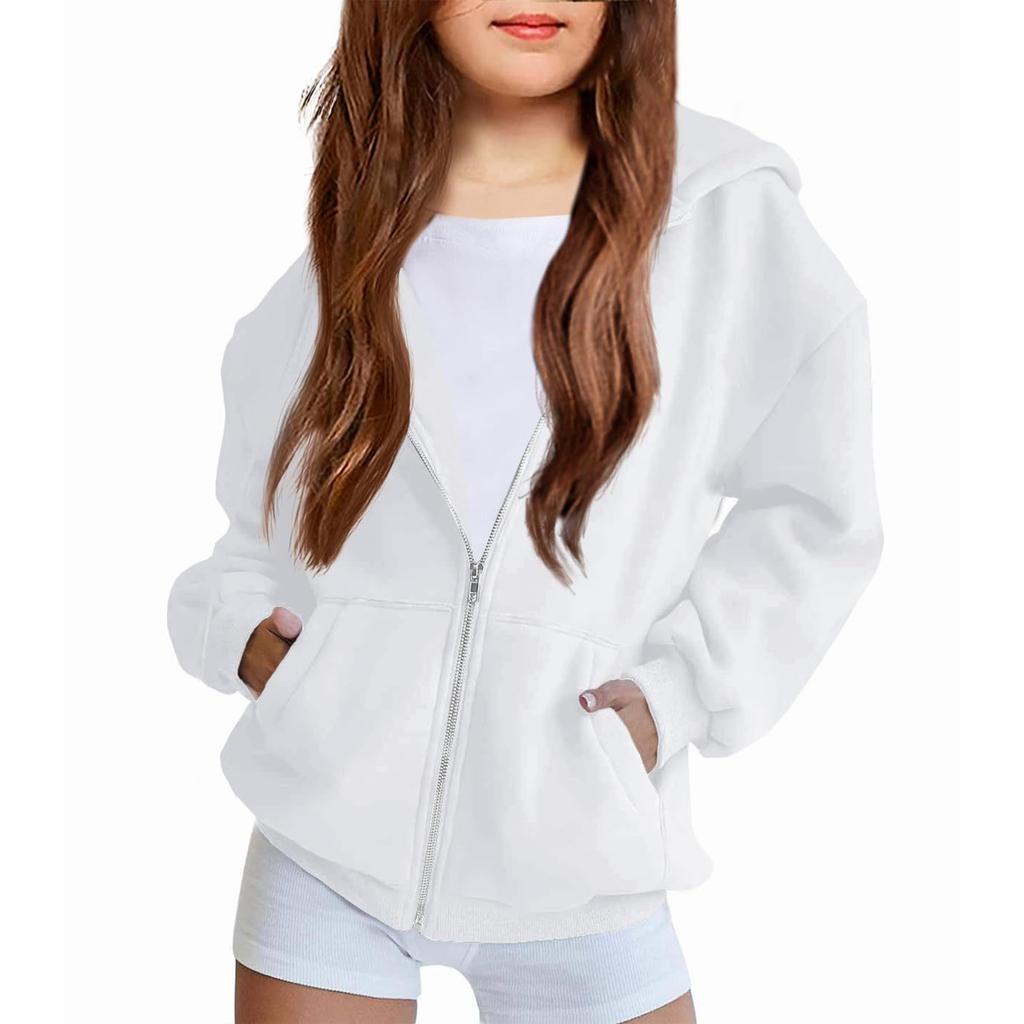Children's Relaxed-Fit Zipper Hooded Sweatshirt Jacket Solid Color Hoodie With Pockets
