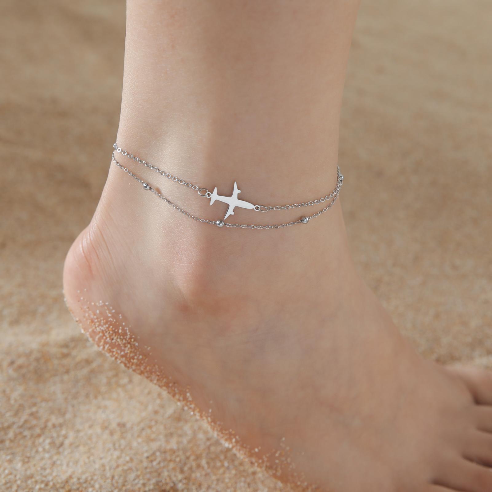 

Teamer Exquisite Stainless Steel Anklet for Women Double Layer Airplane Lighting Moon Star Elephant Pendant Summer Accessories