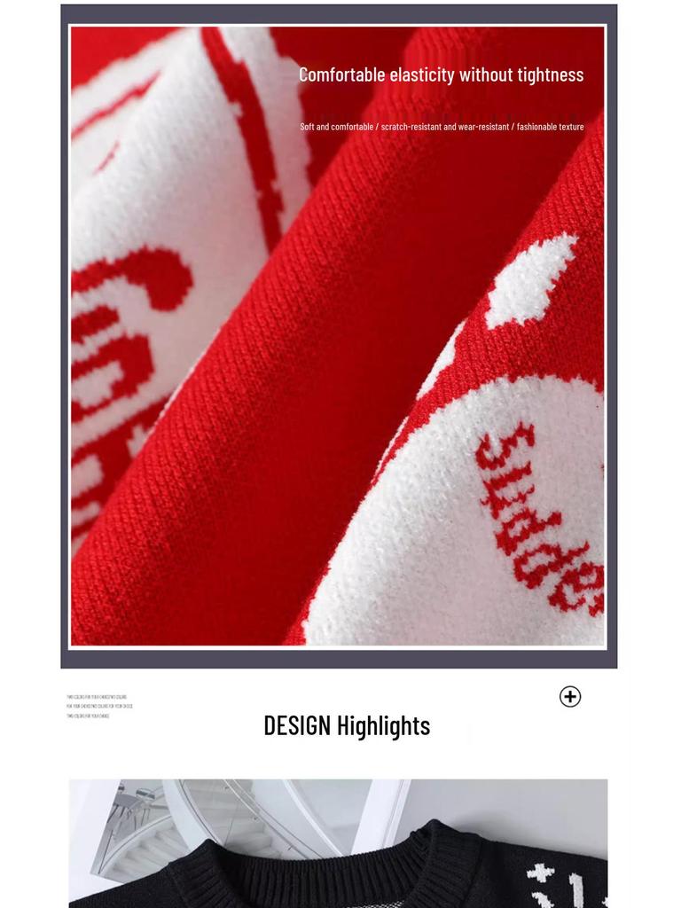 Herrstorlek Festlig Röd Stickad Tröja - Stjärntecken Rund Hals, Höst/Vinter, Exklusiv Känsla, Perfekt för Par