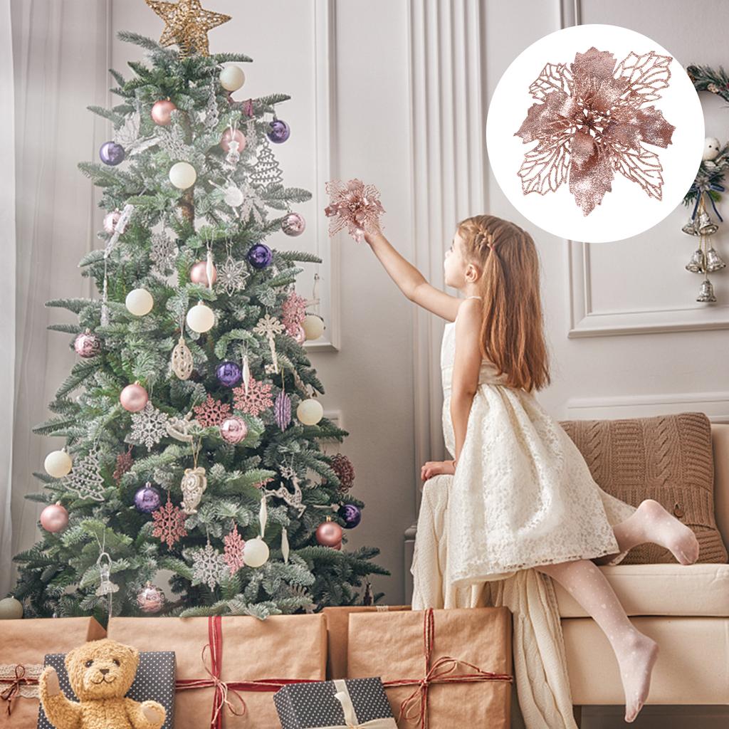 10pcs Christmas Glitter Poinsettia Flowers Tree naments Flower Artificial Decoration Tree nament Xmas Party Supplies