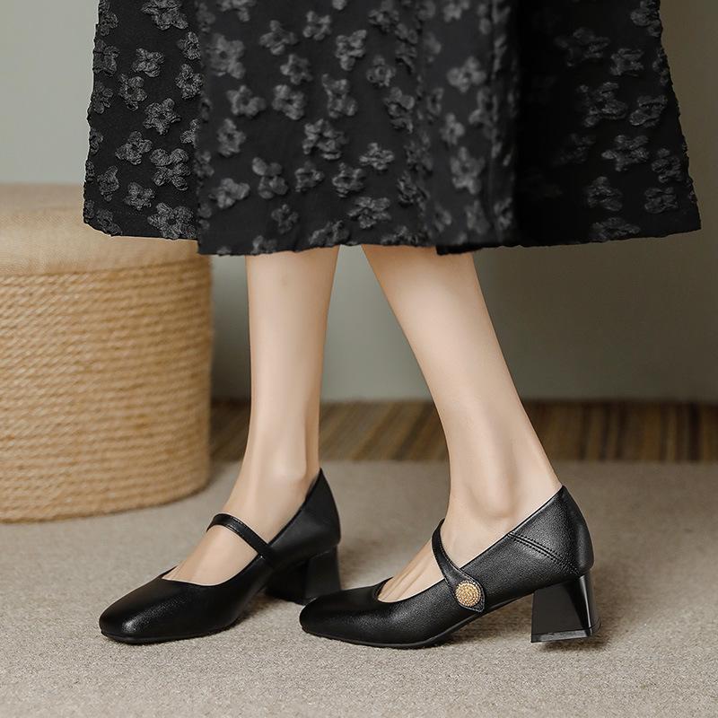 Genuine Leather Chunky Heel Mary Janes - Low-Cut, Soft Sole & Upper for Casual Wear in Spring & Autumn