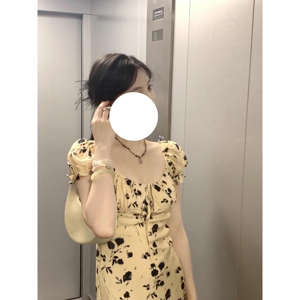 Retro Xiaofei sleeve floral dress, summer new waist and thin temperament medium and long dress