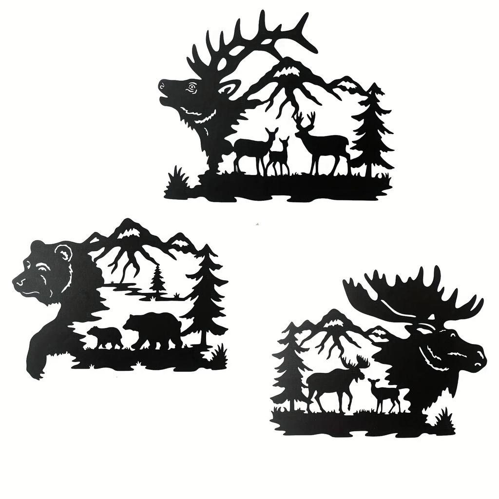 Set de 3 artă de perete cu cerb negru, urs și elan, de 14 inch, cabină rustică și decor de vânătoare Decoratiuni elegante pentru animale sălbatice
