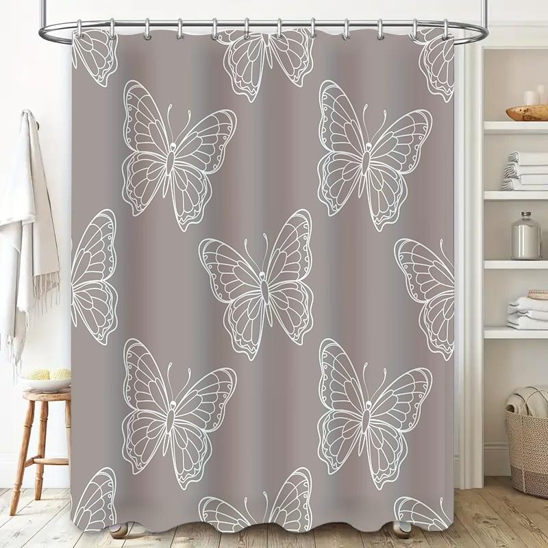 Butterfly Printed Shower Curtain Bathroom Decor Waterproof Fabric Home Decoration White 173x240cm (Black Frame)