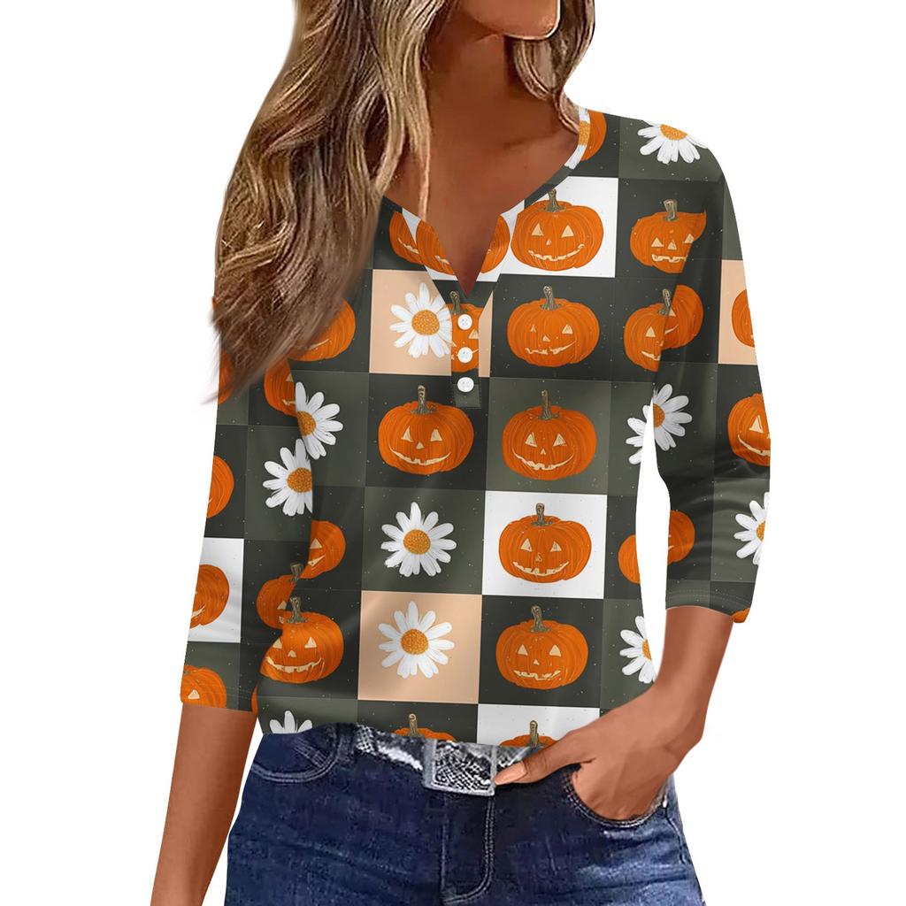 Women's Casual Fashion V-neck Loose Versatile Halloween Print Three-quarter Sleeve Top