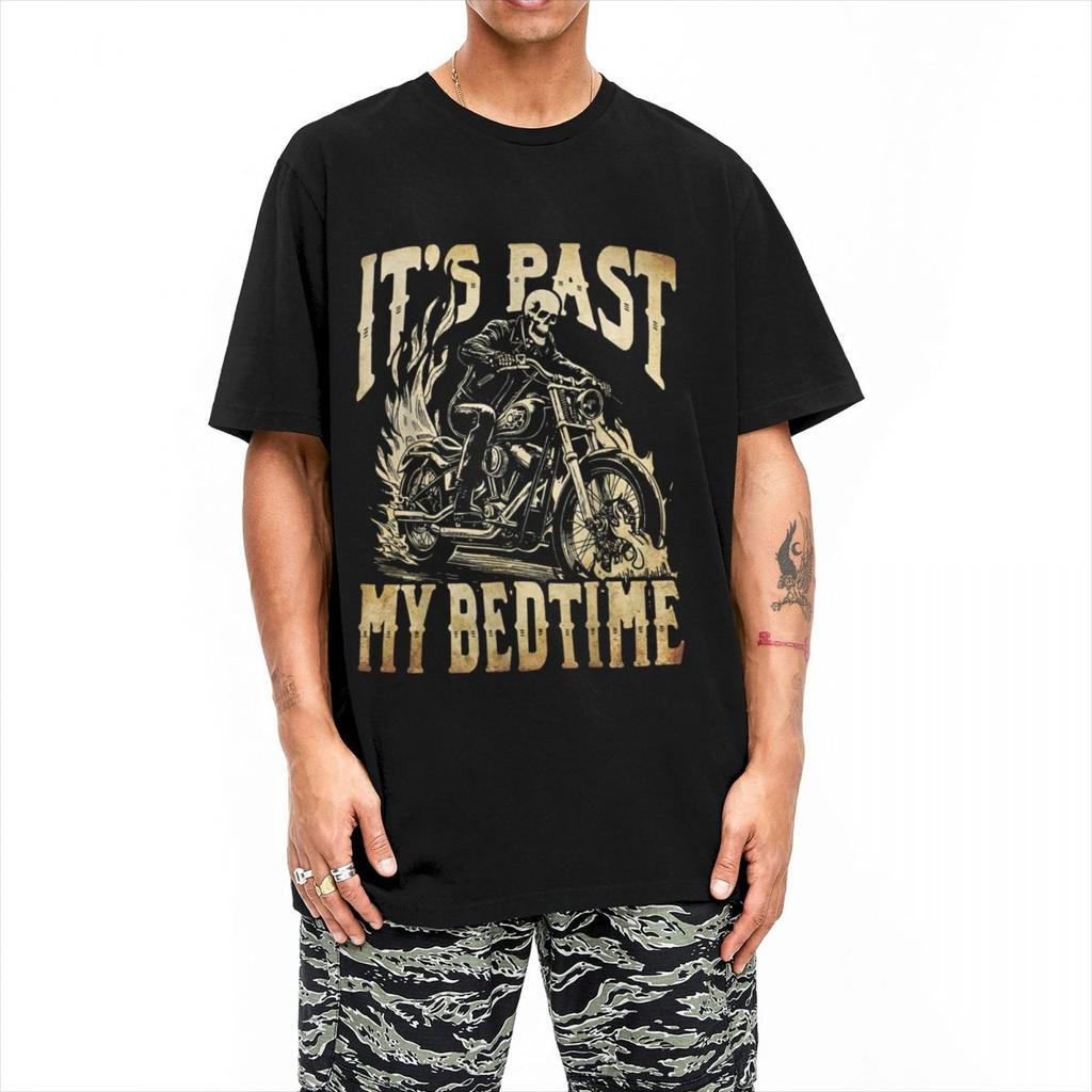 Funny Skeleton Motorcycle Its Past My Bedtime Meme Halloween T Shirt Y2K Cotton Cool Tee Shirt For Men's Short-Sleeve Tees