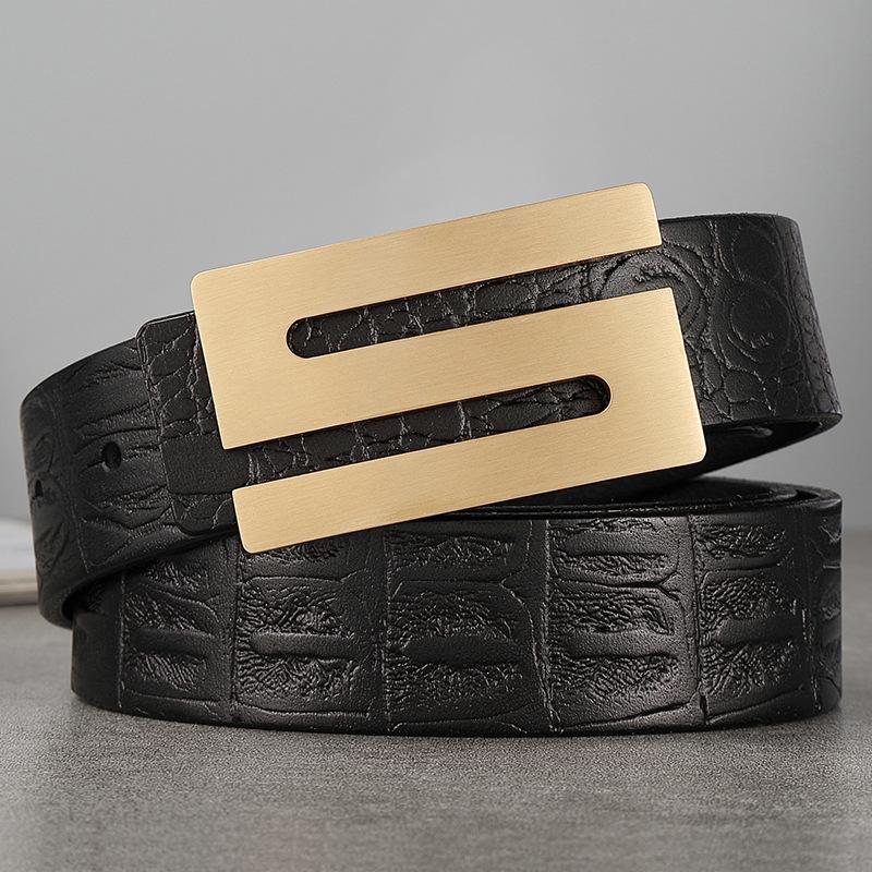 Belt Men'S Genuine Leather Buckle, First Layer Real Cowhide Inner Wear Formal Business Youth Handmade Plate Buckle Crocodile Pattern Belt Tide