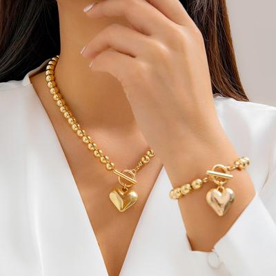 2Pcs Luxury Gold Color Beads Heart Pendant Necklace Bracelet for Women Punk Vintage OT Buckle Choker Wedding Party Zircon Set