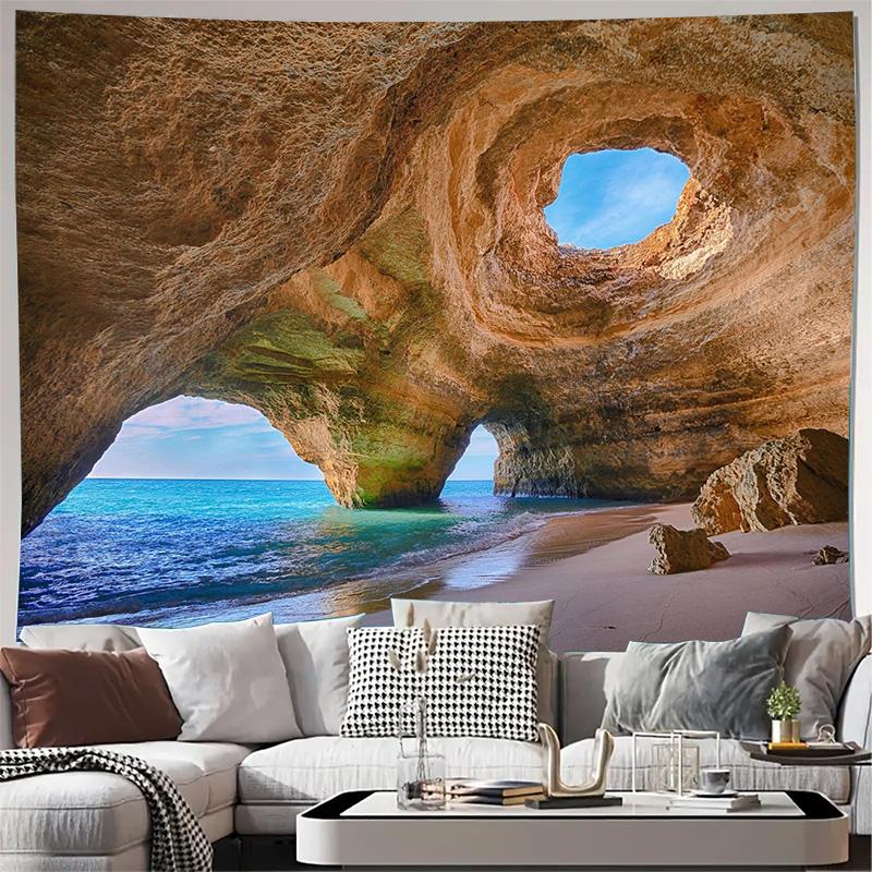 

Natural Sea Cave with Blue Sky Opening Turquoise Ocean View Coastal Rock Formation Art Wall Tapestry Machine Washable QuickSetup 74x94cm(29x37in)