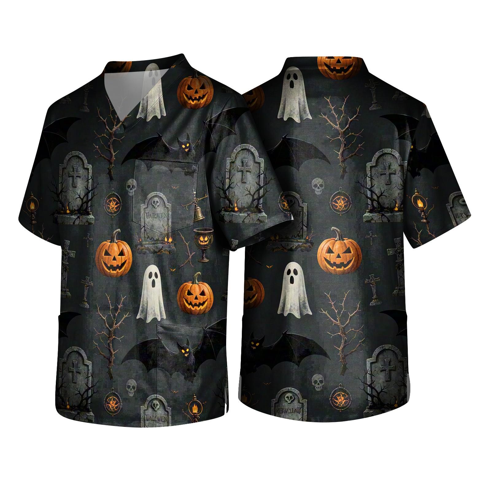 Men s Halloween V-Neck Scrub Top, Short Sleeve with Pockets for or Costume L