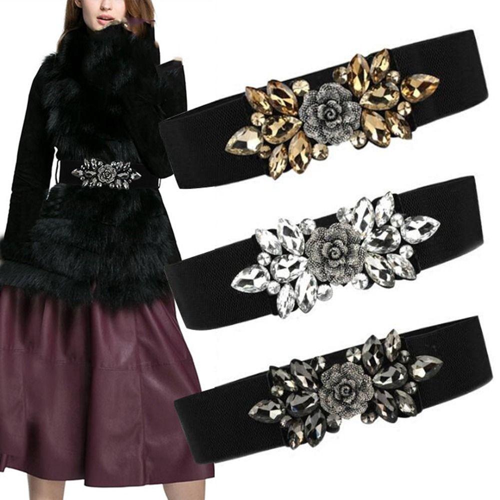 Rose Flower Elastic Cummerbunds Korean Style Rhinestone Waist Belt Women Waistband  Jacket