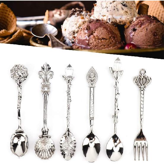 6PCS Vintage Coffee Spoons, Tea Fork Set, Zinc Crystal Mini Fancy Dessert Tableware for Home Office Party Coffee Bar