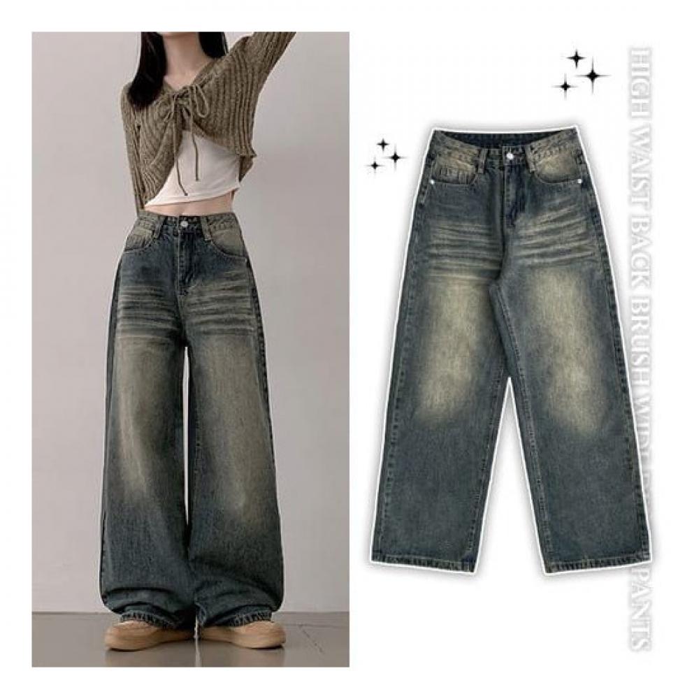 The Pink Women High Waist Back Brush Washing Wide Denim Pants 3 Colors 4 Sizes
