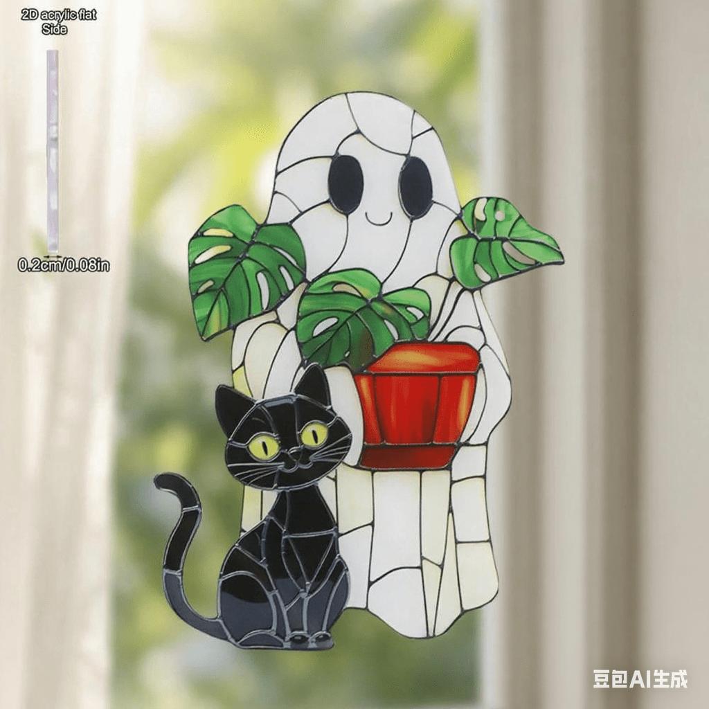 1pc Cute Halloween Ghost Hanging Decor Acrylic Black Cat & Potted Plant Decortive Sun Catchers Window Ornament, Four Seasons Decoration