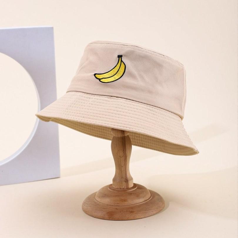 Cappello a secchiello con ricamo di banana cartone animato estivo da donna, Cappello alla moda pieghevole, Nuovo cappello da sole
