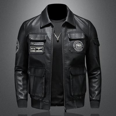 Frühling und Herbst Neue Pilotenlederjacke im Militärstil für Herren in großer Größe und schmaler Passform mit besticktem Revers