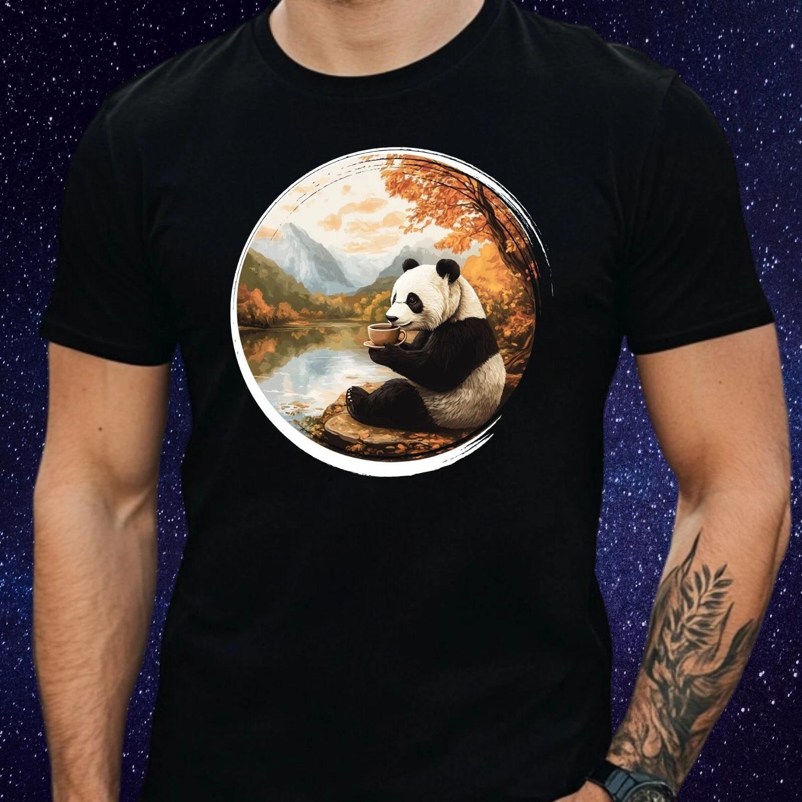 T-Shirt Herren Panda trinkt Kaffee Motiv Baumwolle Größe S bis 5XL XL