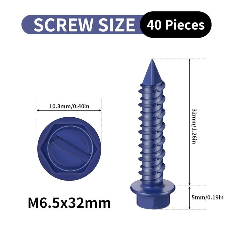 40Pcs Hexagonal Head Concrete Screw Anchors Fixing Fasteners with Drill Bit & Driver for Concrete, Block, and Brick