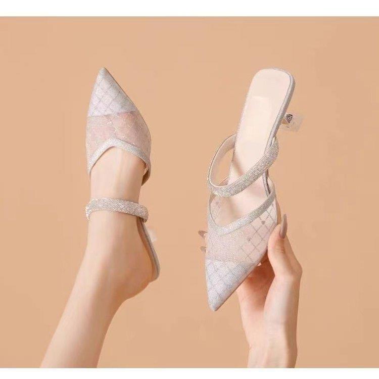 

Туфли-мюли на высоком каблуке для женщин на лето, сандалии на тонком каблуке, новые сетчатые сандалии для женщин 40 серебряный