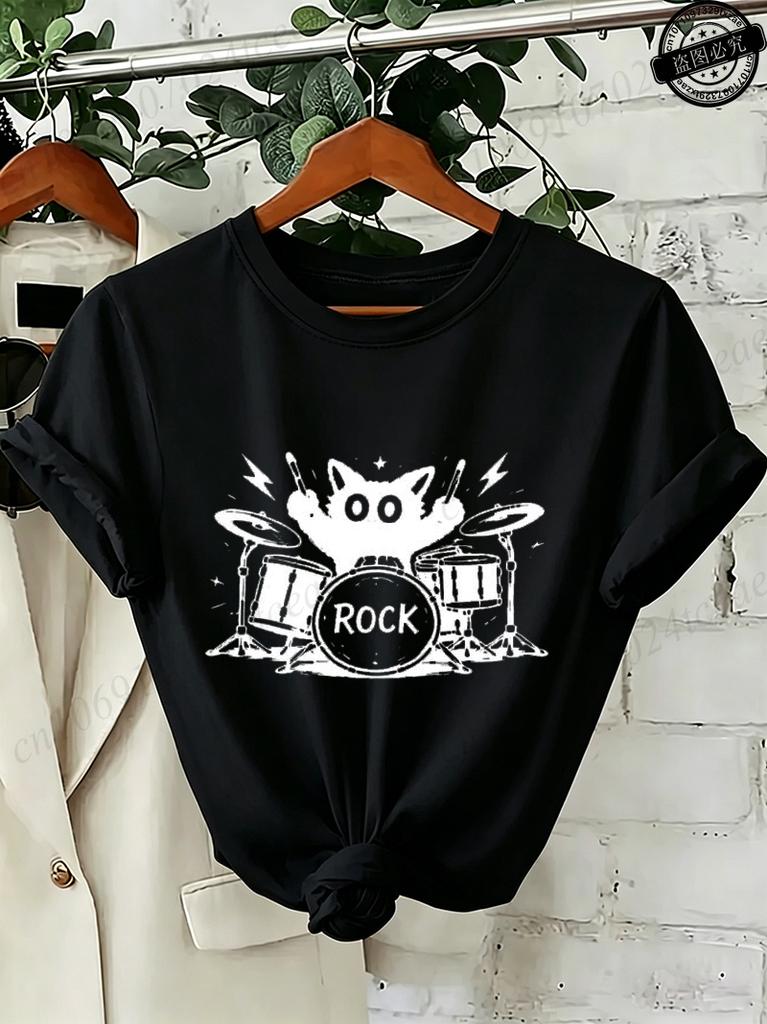 Rock Cat T-Shirts,Grunge Punk Tee Aesthetic,Abstract Guitar Women's Tee Shirts,Music Lover Gift,Quirky Animal Graphic T-Shirts