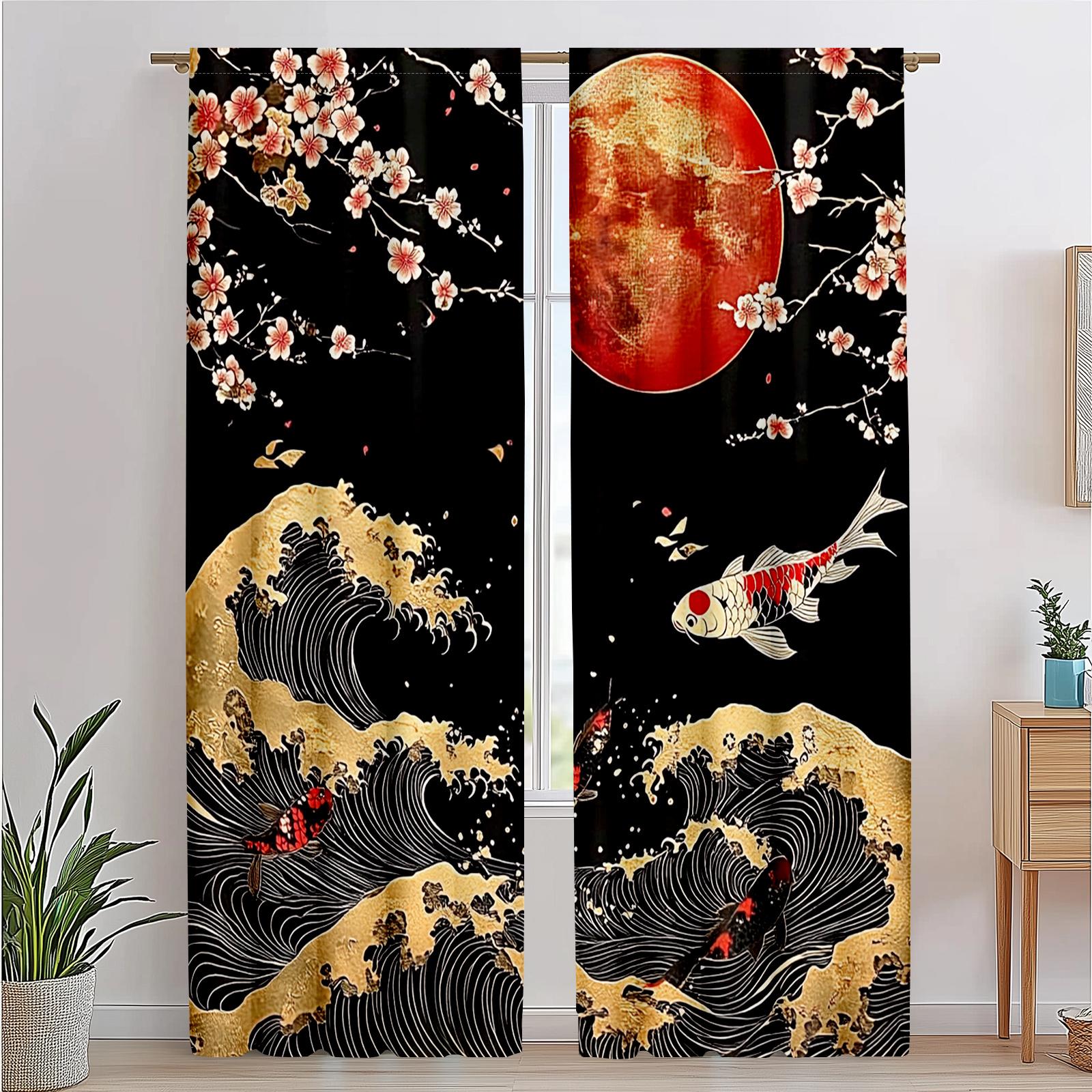 

Set Of 2 Koi Fish Kitchen Curtains Japanese Cherry Blossom Sea Wave Design Polyester Ideal Bedroom Curtain For Decor Made W100*H70(CM)-Grommet top&1PCS