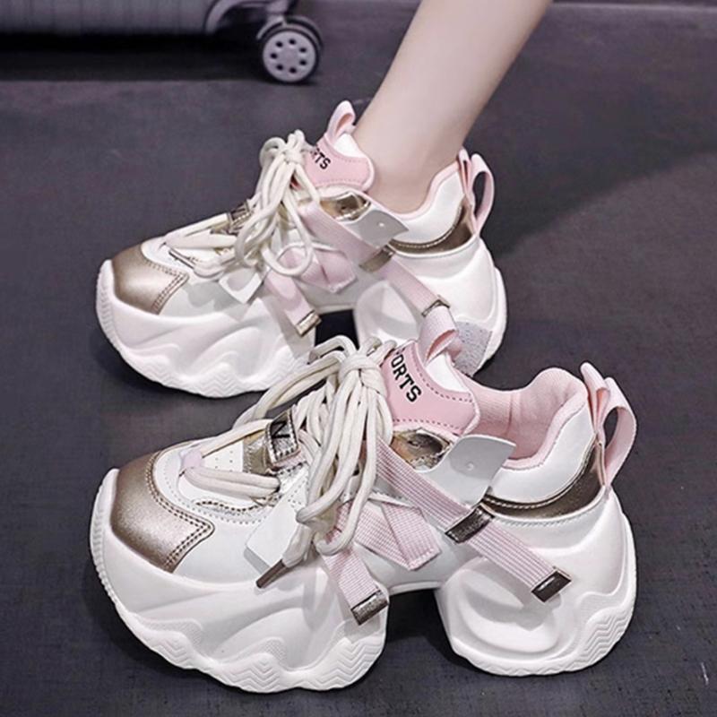 Dámské vycházkové tenisky podzimní šněrovací vysoká platforma robustní boty prodyšné kožené boty 10cm zimní boty na klínku pro volný čas