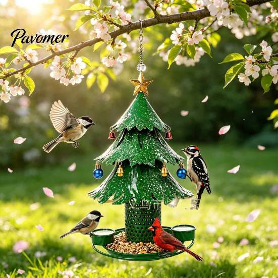 All Weather Rust Proof Bird Feeder Christmas Tree for Outdoor, Metal Hanging Wild with 2 Water Cups, Green Xmas Seeds Tray Garden Patio Outside Decor