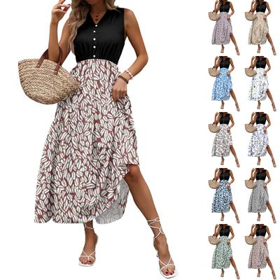 Vestido Feminino Casual e Fashion de Decote V Sem Mangas Estampado Midi