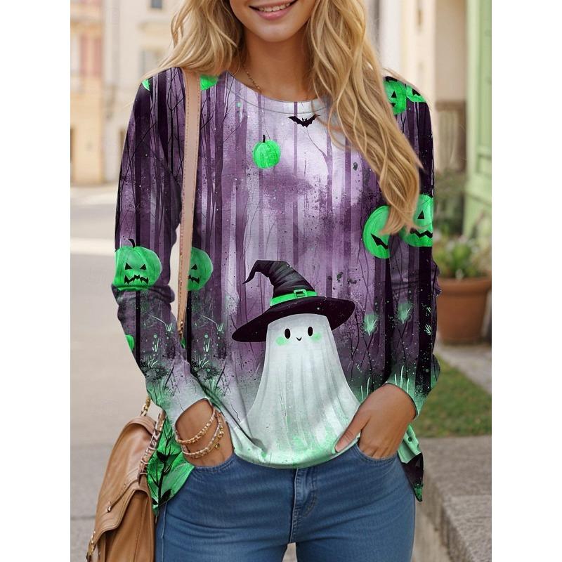 Round Neck 3D Ghost Printed Top Casual Long Sleeved Women's T-shirts - Soft Medium Stretch Polyester Fabric Spring and Autumn Relaxed Fit Clothing