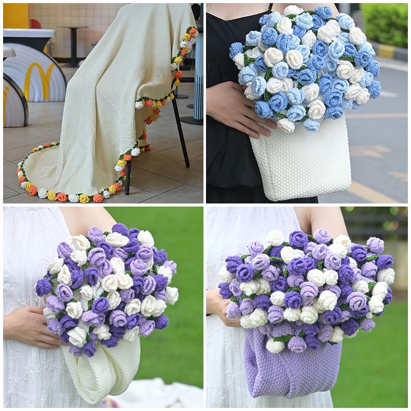 Hand Made Crochet Rose Blanket Bouquet Finished Flower Bouquet Blanket For Sofa Cover Birthday Gifts Home Decor