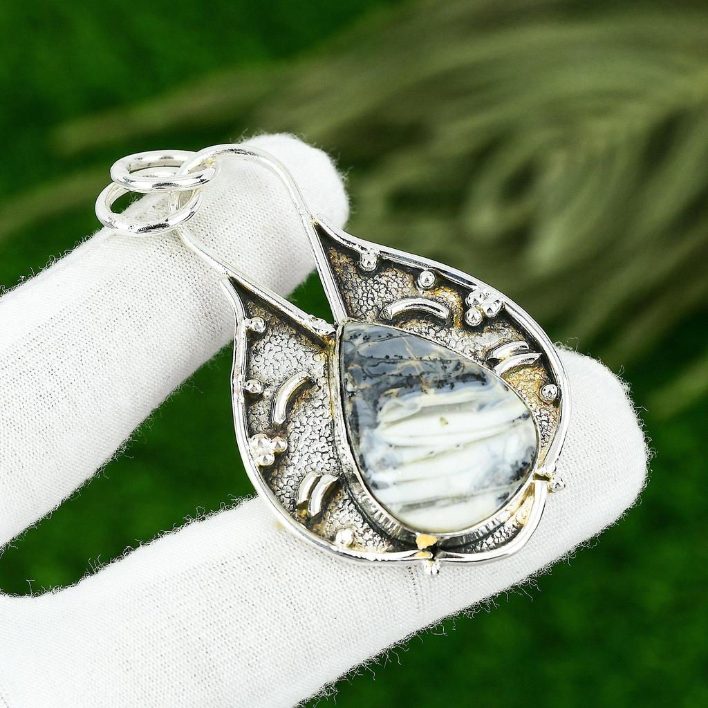 925 Silver Pear Maligano Jasper Stone Mother Bezel Anniversary Pendant Jewelry