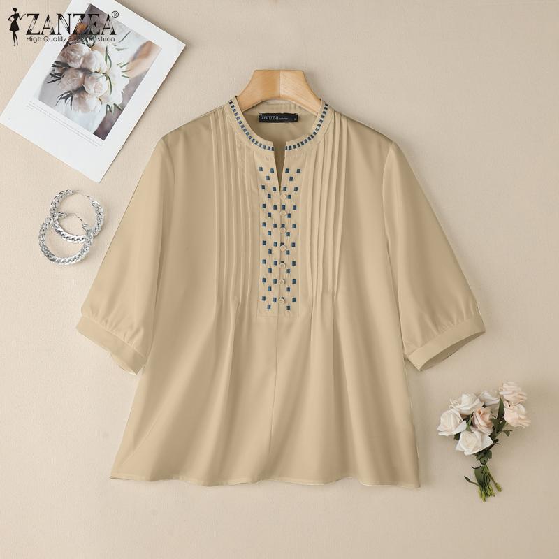 ZANZEA Women Casual Round Neck Loose Half Sleeve Geometric Embroidery Blouse
