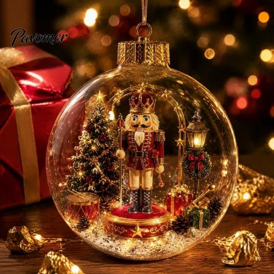 Illuminated Hanging Spheres Lighted Christmas Ornament with Warm LED Lights, Retro Metal Cap Decorative Decor for Tree Transparent Ball Holiday