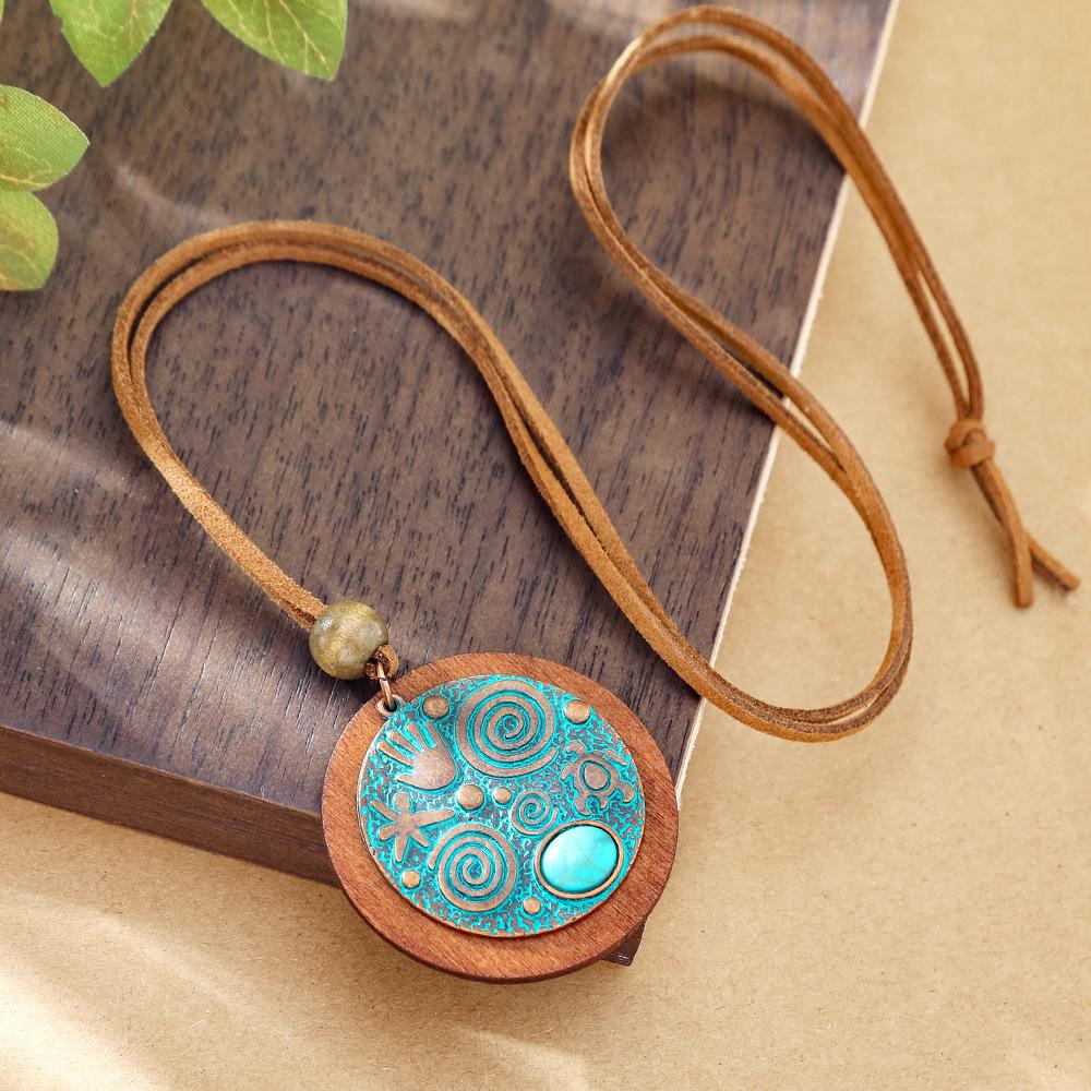 Bohemian Runder Holzscheiben-Anhänger Halsketten für Damen Ethnisch Bunt Öl-Tropfen Vintage Lederseil Halskette Damen Schmuck