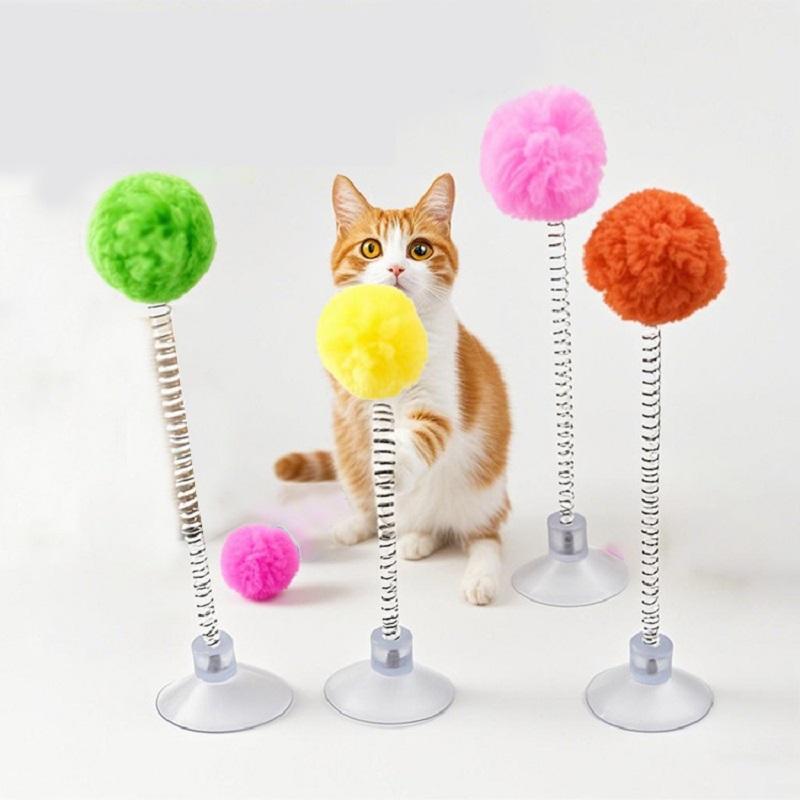 Spring Fur Ball for Cats, Multicolored Suction Cup Toy, Teaser Stick, Interactive Pet Toys, Scratch Toys, Random Color Supplies, 5 Pieces