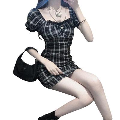 Bel a-kelime etek retro Kore versiyonu balon kol file dikişli ekose elbise kadın yazlık