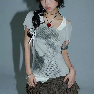 Grunge Fake Two-piece T-shirt Vintage Patchwork Short Sleeve Tshirt Y2k Aesthetics Irregular Tops 2000s Harajuku Tees