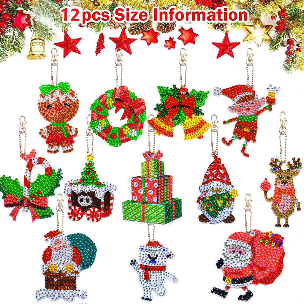 12pcs/Set DIY Diamond Painting Christmas Keychains Double Sided Crystal Rhinestones Key Chains Diamond Art Christmas Ornaments