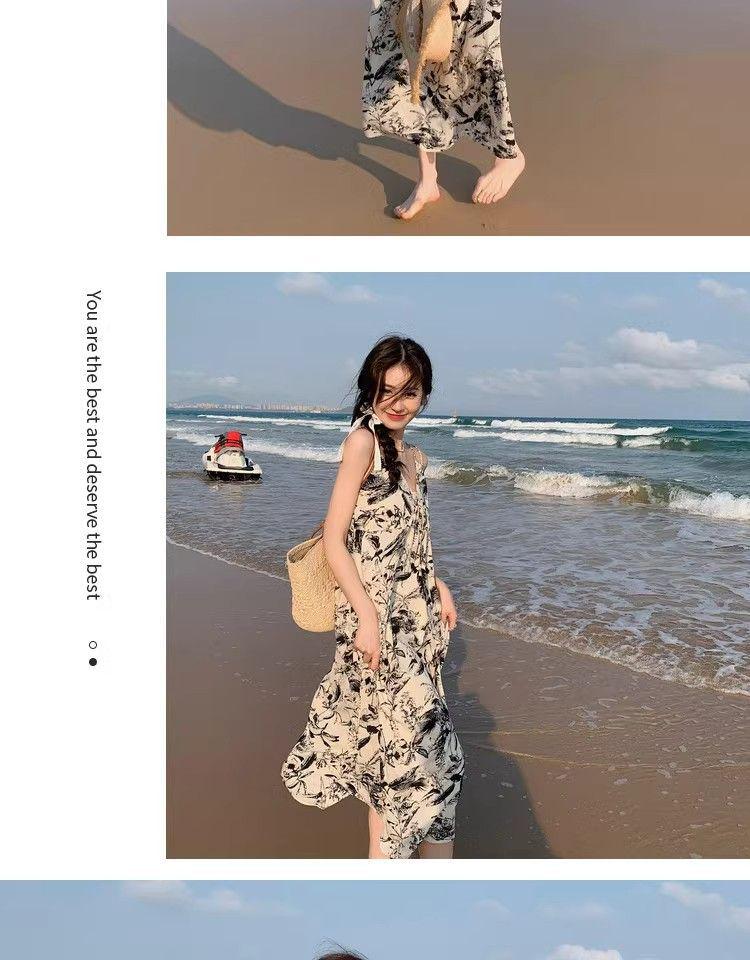 Women's Chinese Floral Ink Wash V-neck Spaghetti Strap Dress - Summer 2025 French Casual Holiday Style