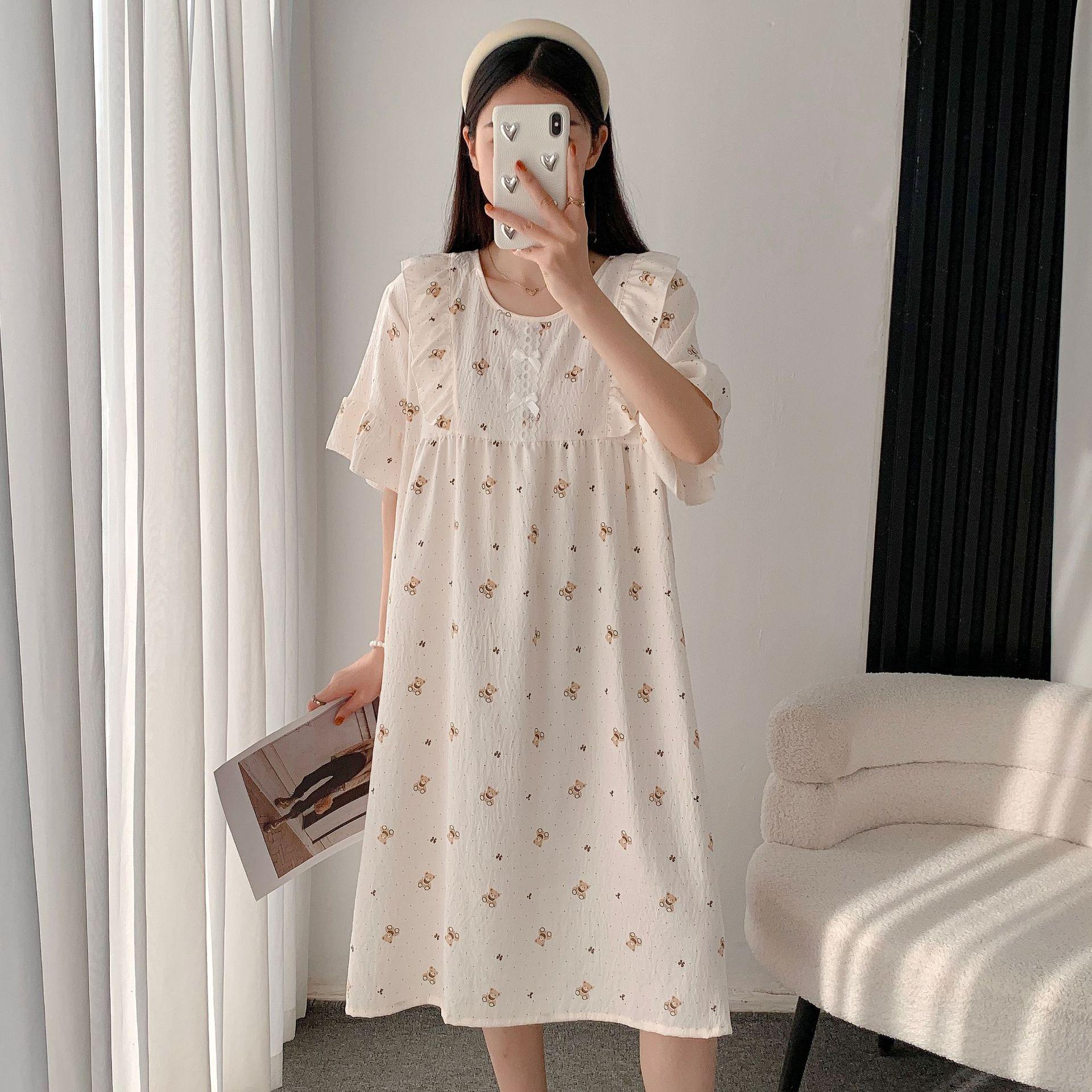 

Women s Summer Cloud Cotton Pajama Dress - Short Sleeve Princess Style with Lace, Cute Sweet Thin Home Wear One Size