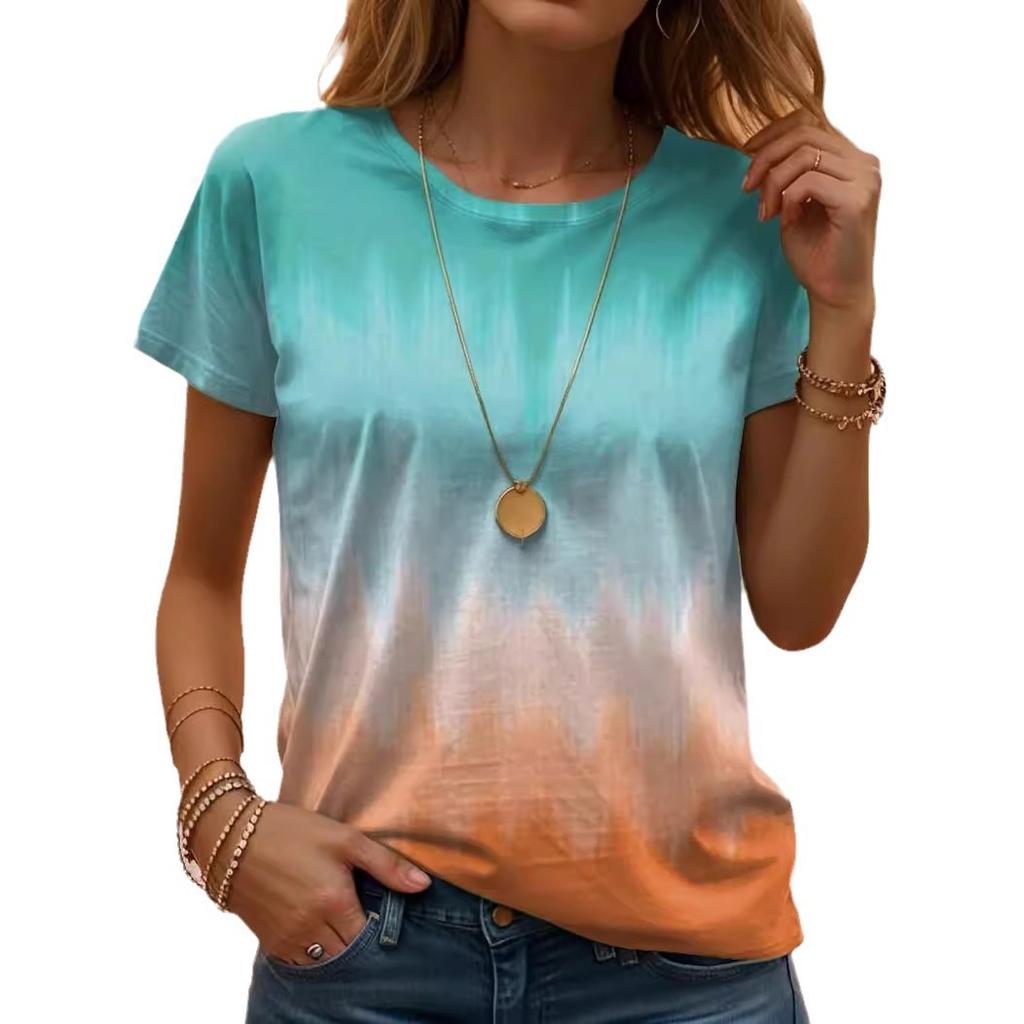 Tri Color Splicing Women's Commuting Round Neck Short Sleeved Plus Size T-shirt Summer Casual Comfortable Women's T-shirt
