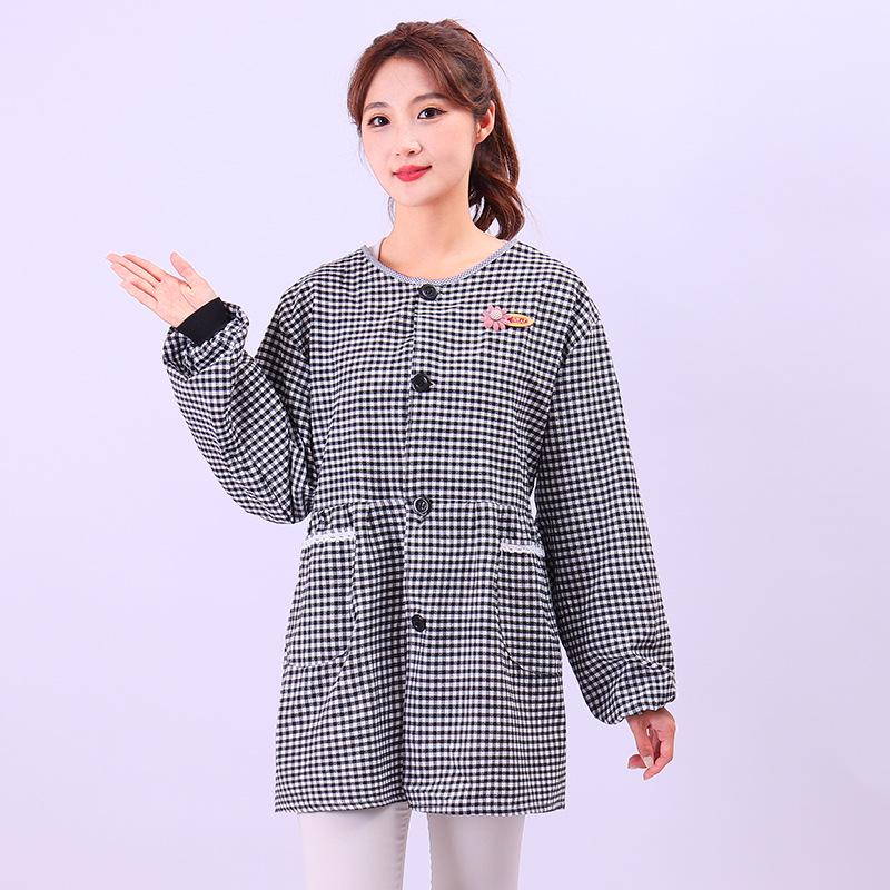 Plaid Long-Sleeve Apron Smock for Adults - Korean Style