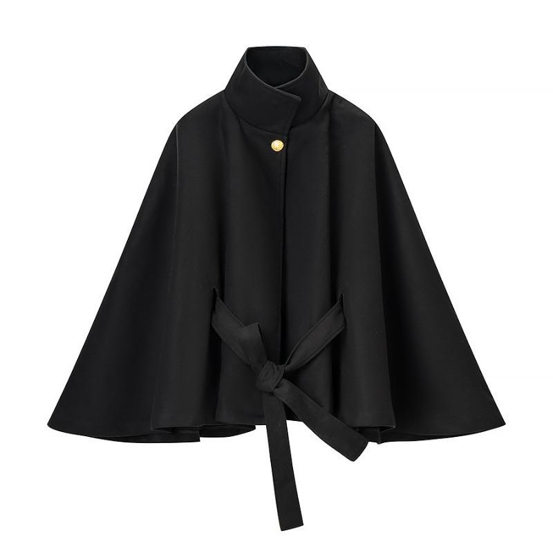 Women Wool Blend Cape Jacket With Metal Buckle Belt