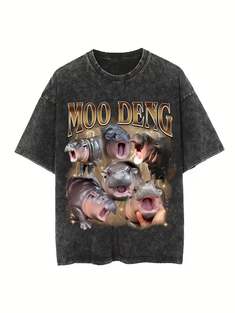 Black retro washed distressed design with dark Moo Deng hippopotamus print distressed Tshirt S
