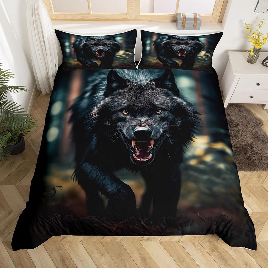 Kids Wolf Comforter Cover Full Queen Size Botanical Floral Bedding Set Wild Animal Duvet Cover Plant Flower Bedspread Cover
